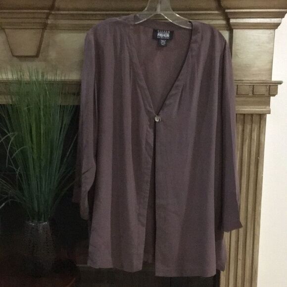 Eileen Fisher Brown Top Button Front Silk Tunic Top M/L - Picture 3 of 12